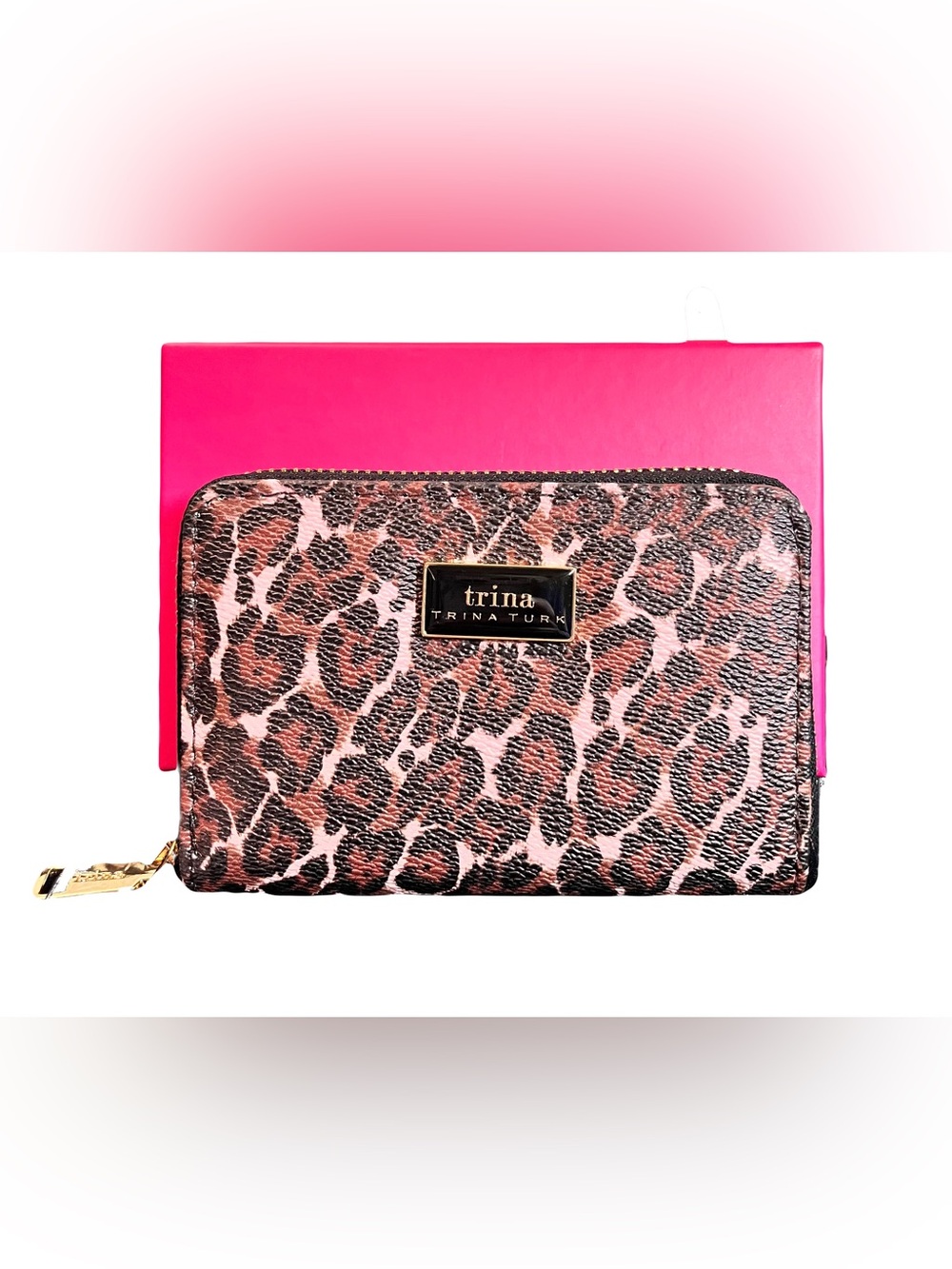 Trina Turk Leopard Print Zip Around Wallet Vegan Leather NIB Gold Gift Box